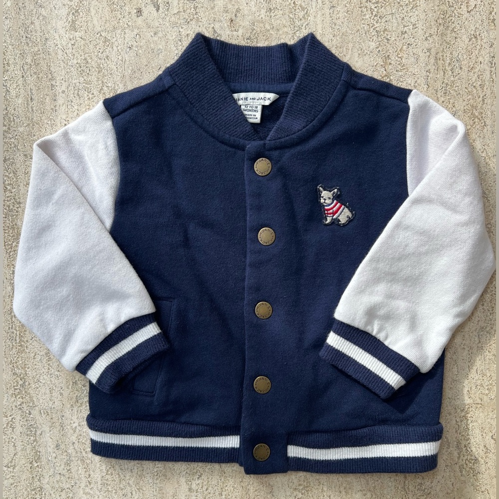 Janie and Jack Navy and White Collared Button-up French Bulldog Jacket